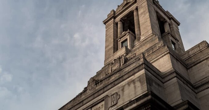 4k time lapse movie with tilt panning of Freemasons' Hall in London, the headquarters of the United Grand Lodge of England, the Supreme Grand Chapter of Royal Arch Masons of England