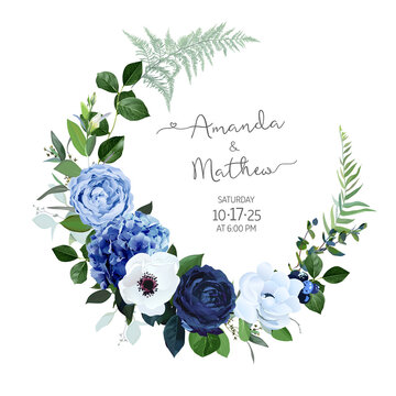 Classic blue, navy garden rose, white hydrangea flowers, anemone, thistle, eucalyptus