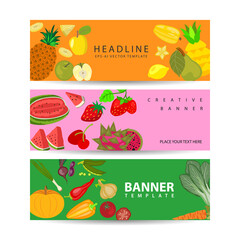 Banners with Tropical Fruits Background Vector Illustration