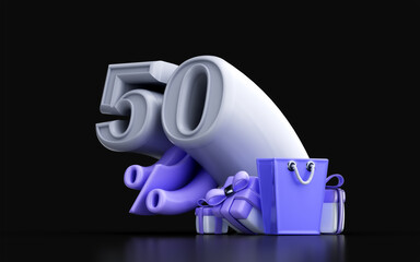 3d render 50 percent number of discount with shopping bag ang gift box for online sale banner