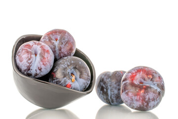 Several ripe black plums in a black ceramic plate, close-up, isolated on a white background.