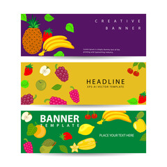 Healthy food banners set.Fresh fruit and vegetable.Vector illustration with vegetable and fruit