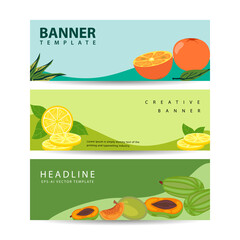 Banners with fruit about healthy eating. Vector banners template for healthy eating.