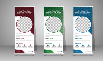 Business roll up design. Standee Design. Banner Template. Presentation. Abstract Blue Green Geometric leaflet, j-flag, x-stand, x-banner, Grow your business. exhibition display.