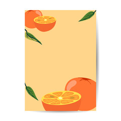fresh orange background with splashes. Fruit Vector cover illustration.