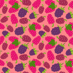 Seamless raspberry pattern with summer berries, fruits, leaves, . Vector illustration