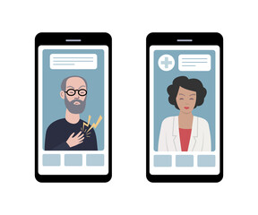 Online doctor's appointment using smartphones. Doctor and patient video call.