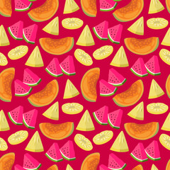 Vector tropical fruit background with watermelon, banana, papaya. Summer exotic fruit. Seamless pattern texture design.