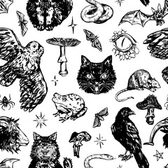 Halloween animals seamless pattern. Ornament of realistic sketches of wild animals, mushrooms, insects. Vector illustration in retro engraving style