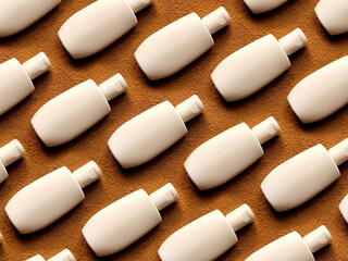 Pattern of white cosmetic container from recycled plastic on a sand background. White bottles with...