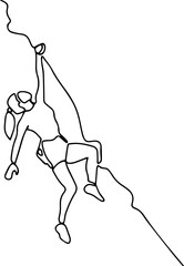 One line drawing of a female climber hanging from the top of a mountain. A young smiling climber climbs a rock. Adventure tourism. Graphic vector illustration of continuous line drawing.