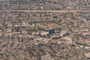 Aerial view of the 105 freeway and baseball fields in the Inglewood section of Los Angeles in...