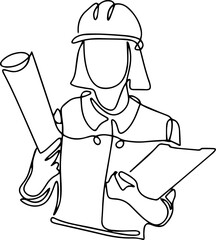 Woman construction engineer with a plan and a folder in her hands. One line vector illustration.