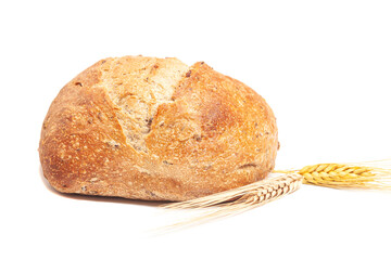 Bread with wheat ears isolated on white background