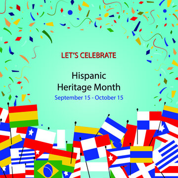National Hispanic Heritage Month with different Flags of America and falling confetti. copy space