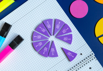 Close up violet pie chart, fractions, open notepad on blue background. Back to school. Mathematics,...