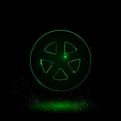 A large green outline car wheel symbol on the center. Green Neon style. Neon color with shiny stars. Vector illustration on black background