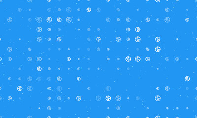 Naklejka na ściany i meble Seamless background pattern of evenly spaced white no dollar symbols of different sizes and opacity. Vector illustration on blue background with stars