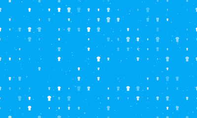 Seamless background pattern of evenly spaced white t-shirt symbols of different sizes and opacity. Vector illustration on light blue background with stars