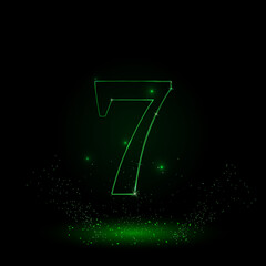 A large green outline number seven symbol on the center. Green Neon style. Neon color with shiny stars. Vector illustration on black background