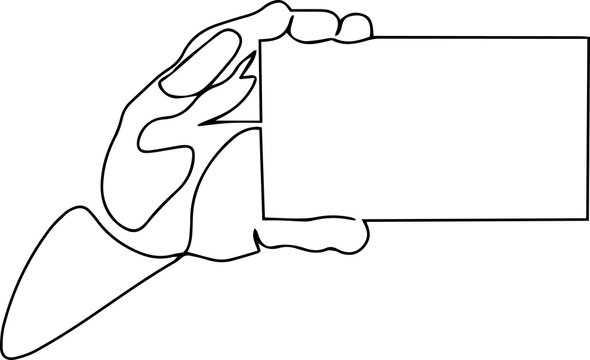 The man is holding a card. One line vector illustration.