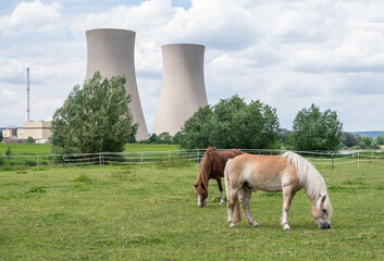 Green landscape and nuclear power plant