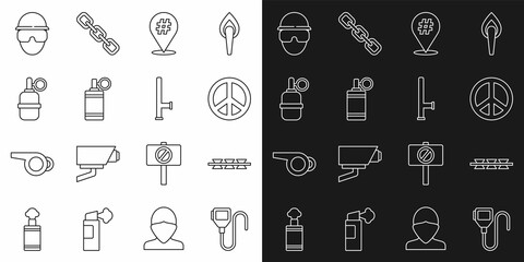 Set line Walkie talkie, Barbed wire, Peace, Protest, Hand grenade, Special forces soldier and Police rubber baton icon. Vector