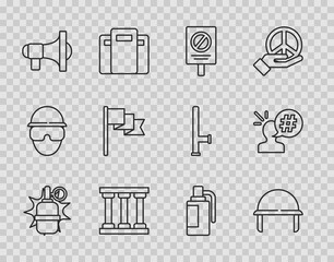 Set line Hand grenade, Military helmet, Protest, Prison window, Megaphone, Location marker, and icon. Vector