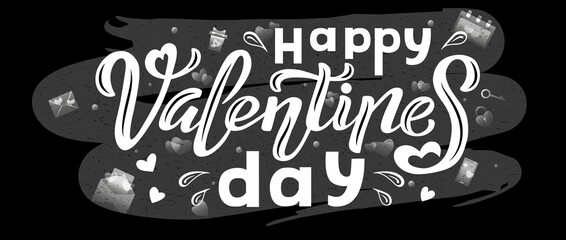 Hand drawn vector illustration with white lettering on textured background Happy Valentine’s Day for greeting card, banner, billboard, social media content, advertising, poster, decor, print, template