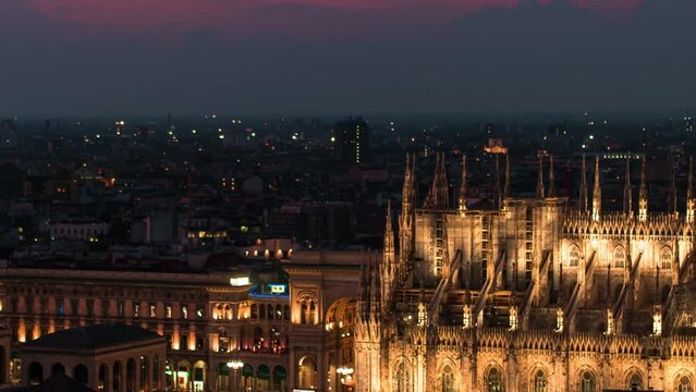 Aerial Reveal Shot Of Milan Cathedral Illuminated Piazza Del Duomo Di Milano And Galleria Vittorio Emanuele City Center Of Milano At Night