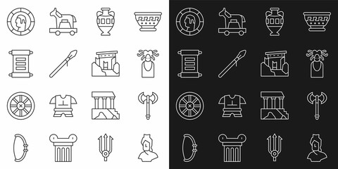 Set line Ancient bust sculpture, Medieval axe, Medusa Gorgon, amphorae, spear, Decree, parchment, scroll, Greek coin and ruins icon. Vector