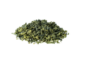 Heap of dry leaf chinese green tea isolated on white background.