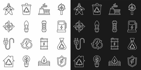 Set line Shield with leaf, Garbage bag recycle, Electric car charging station, Factory, Light bulb, Wind turbine, tower and Battery icon. Vector