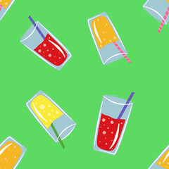 Illustration of seamless paternoster summer juice multicolored with straw on green background.  Print on napkins, tablecloth, summer print for clothing.