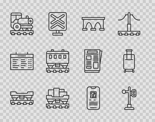 Set line Cargo train wagon, Train traffic light, Bridge for, Vintage locomotive, Passenger cars, E-ticket and Suitcase icon. Vector