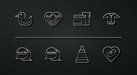 Set line Rubber duck, Speech bubble dad, Baby clothes, Pyramid toy, mom, dummy pacifier, inside heart and food icon. Vector