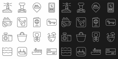 Set line Postcard travel, Coconut cocktail, Sunbed and umbrella, Location with cruise ship, Route location, Cruise, Lighthouse and Passport icon. Vector