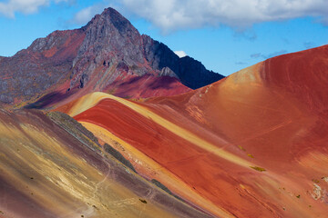 Hiking scene in Vinicunca, Cusco Region, Peru. Rainbow Mountain (Montana de Siete Colores).