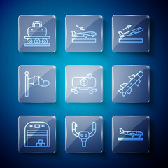 Set line Aircraft hangar, steering helm, Plane, takeoff, Fuel tanker truck, Cone meteorology windsock, Conveyor belt with suitcase and Rocket icon. Vector