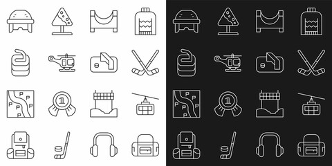 Set line Sport bag, Cable car, Ice hockey sticks, Skate park, Rescue helicopter, Stone for curling, Hockey helmet and goal icon. Vector