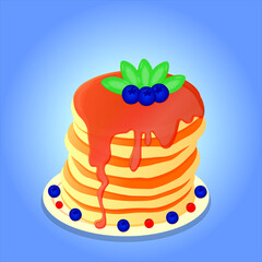 Pancakes with berry syrup, berries and mint leaves