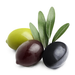 Delicious black, green and brown olives with leaves, isolated on white background