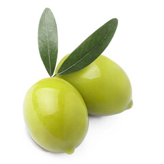 Delicious green olives with leaves, isolated on white background