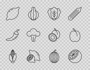 Set line Corn, Orange fruit, Cabbage, Lemon, Broccoli, Watermelon and Plum icon. Vector