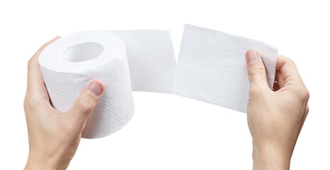Tearing toilet paper hands, isolated on white background