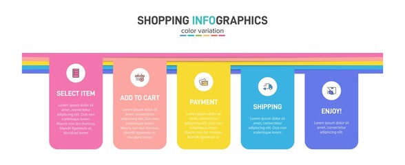 Concept of shopping process with 5 successive steps. Five colorful graphic elements. Timeline design for brochure, presentation, web site. Infographic design layout.