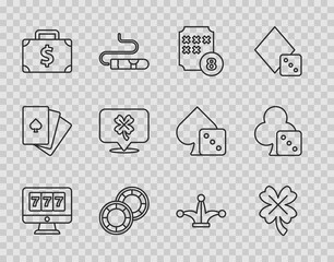 Set line Online slot machine with jackpot, Casino clover, Lottery ball on bingo card, chips, Briefcase and money, Joker playing and Game dice icon. Vector
