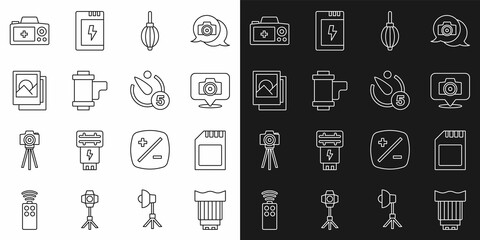 Set line Camera photo lens, SD card, Photo camera, Dust blower, roll cartridge, frame, and timer icon. Vector