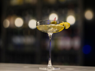 martini glass on the desk at the bar