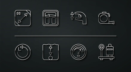 Set line Diagonal measuring, Radius, Roulette construction, Speedometer, Depth measurement, Bathroom scales, Scale with suitcase and Approximate measurements icon. Vector